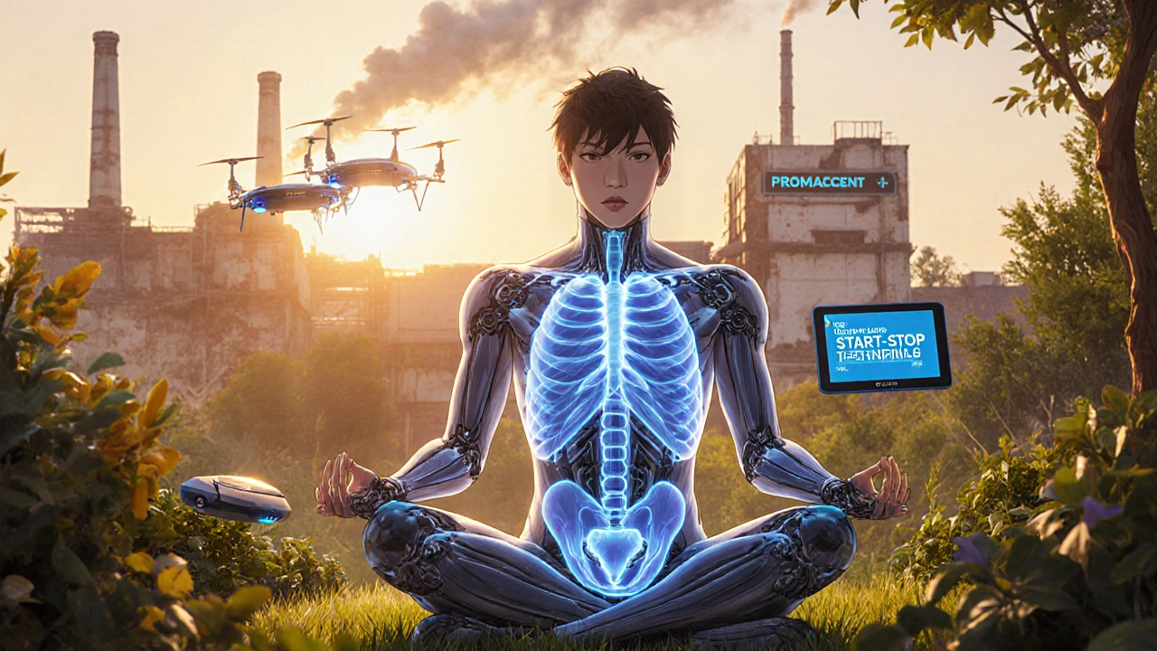 A man meditating with translucent body showing Kegel energy and a 'Start-Stop Technique' tablet, while robotic helpers hover nearby.