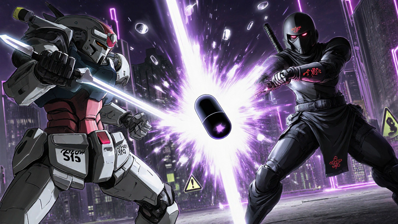 A mech labeled 'Cialis' battles a drone labeled 'Dapoxetine' against an exploding counterfeit pill in a neon pharmaceutical city.