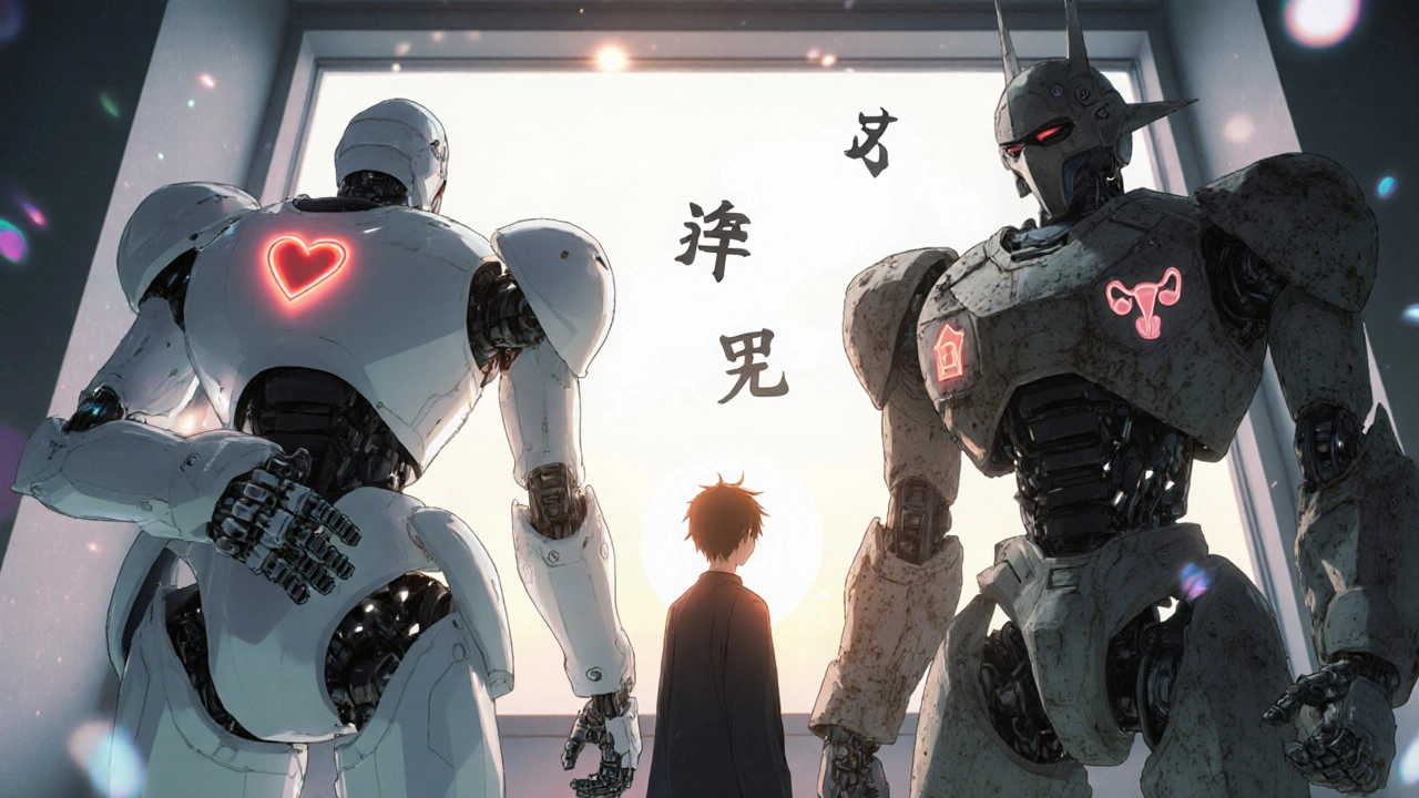 A patient between two robotic guardians—clean white and battle-scarred gray—symbolizing the choice between eplerenone and spironolactone.