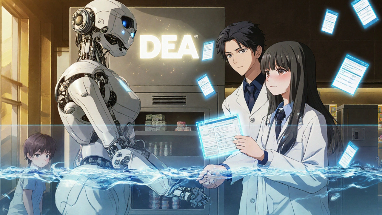 A pharmacist handing a disposal envelope to a patient near a robotic drug take-back unit.