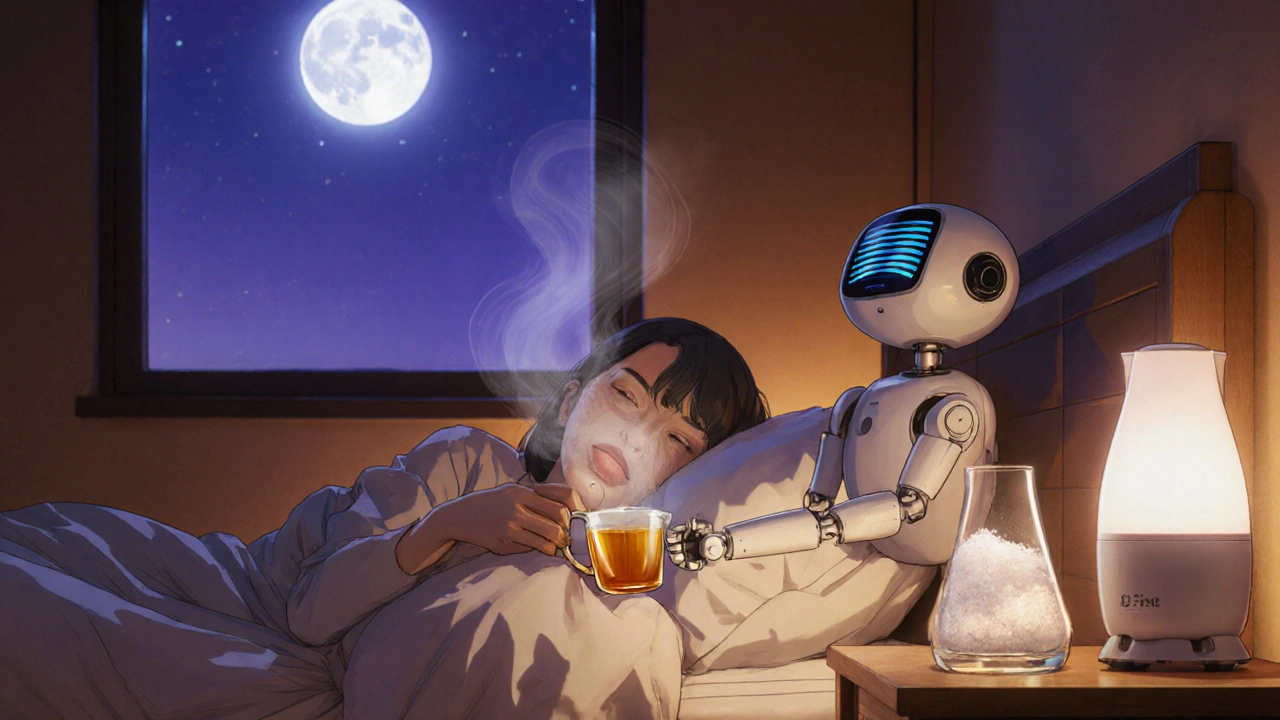 Bedside scene with tea, humidifier, and a friendly robot offering comfort.