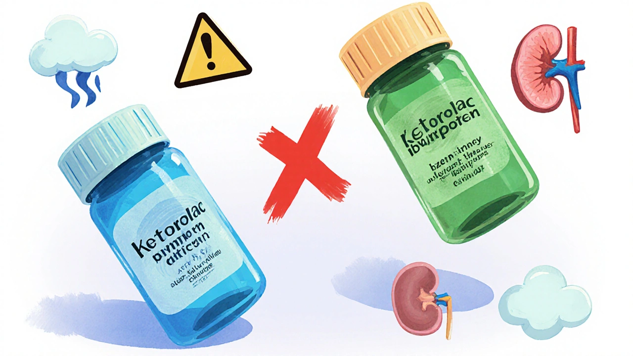 Blue ketorolac and green ibuprofen pill bottles near a red warning cross.