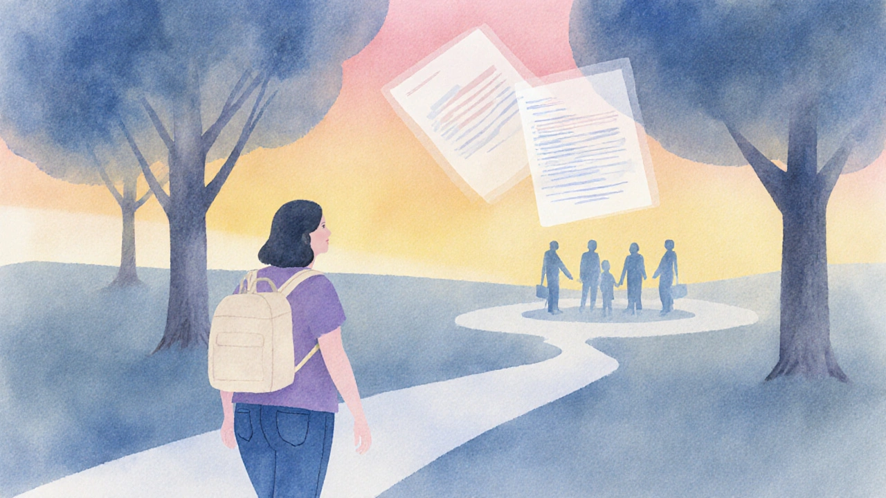 Caregiver walking in a sunlit park, reflecting self‑care and planning.