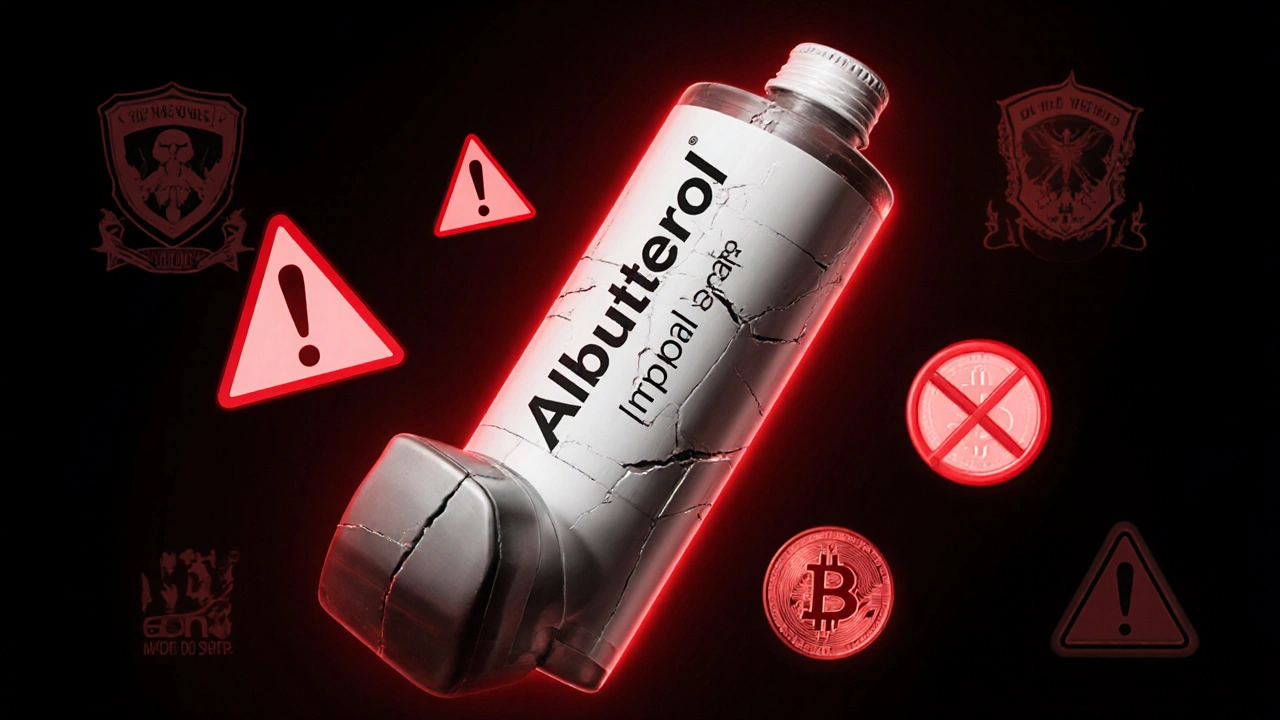 Cautionary scene showing a counterfeit inhaler with red warning symbols.