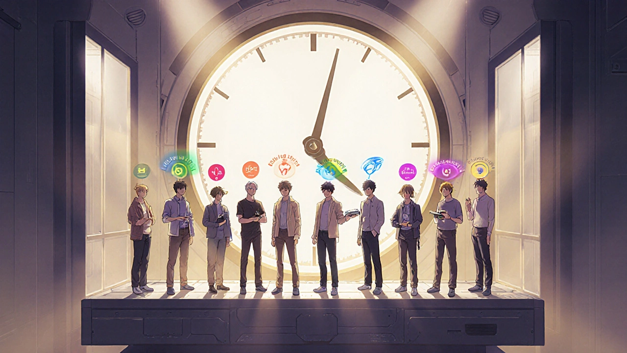 Diverse people hold different medication devices under a clock showing treatment timelines with personal health gauges.