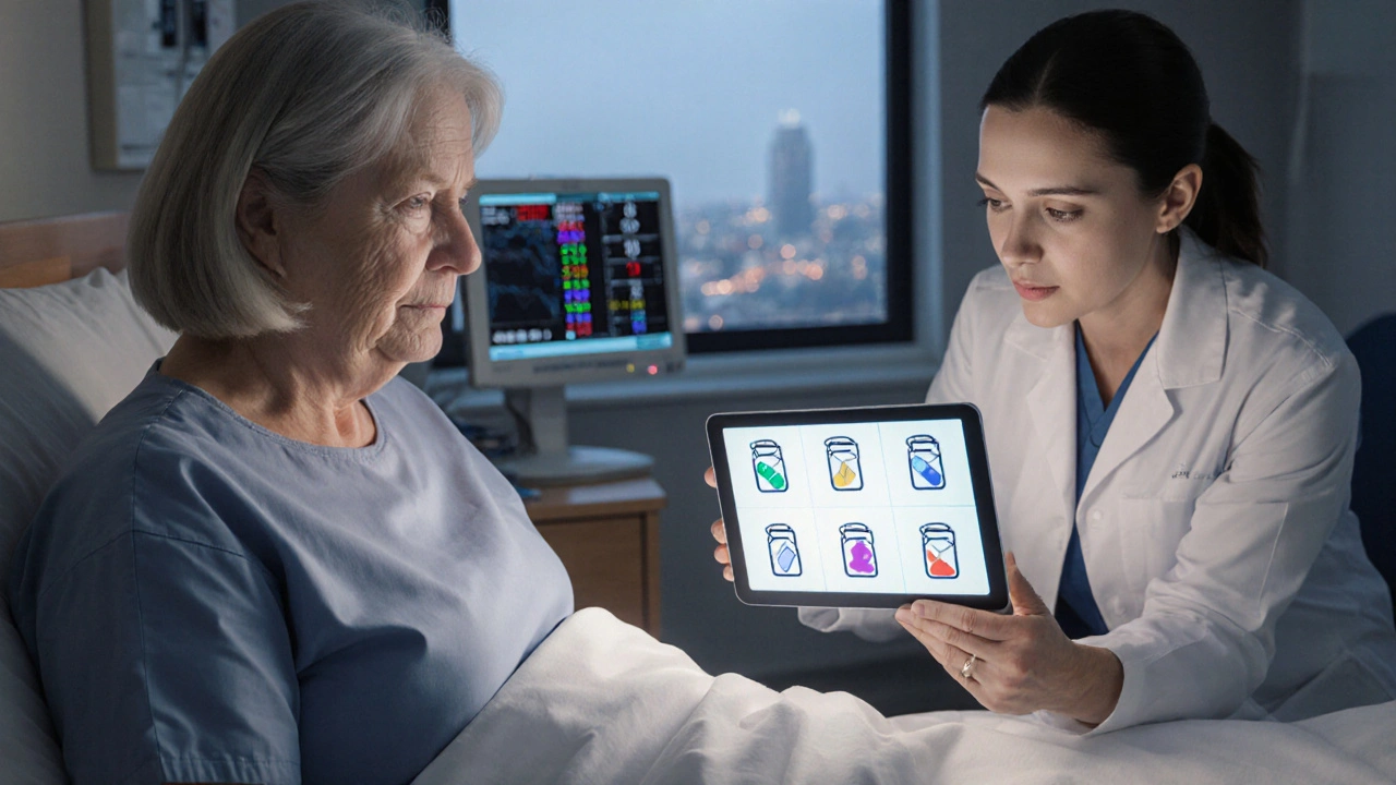 Doctor and patient discussing treatment options with a tablet displaying antibiotic icons.