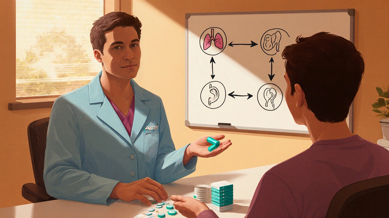 Doctor and patient reviewing a flowchart, with an Azee capsule held on the desk.