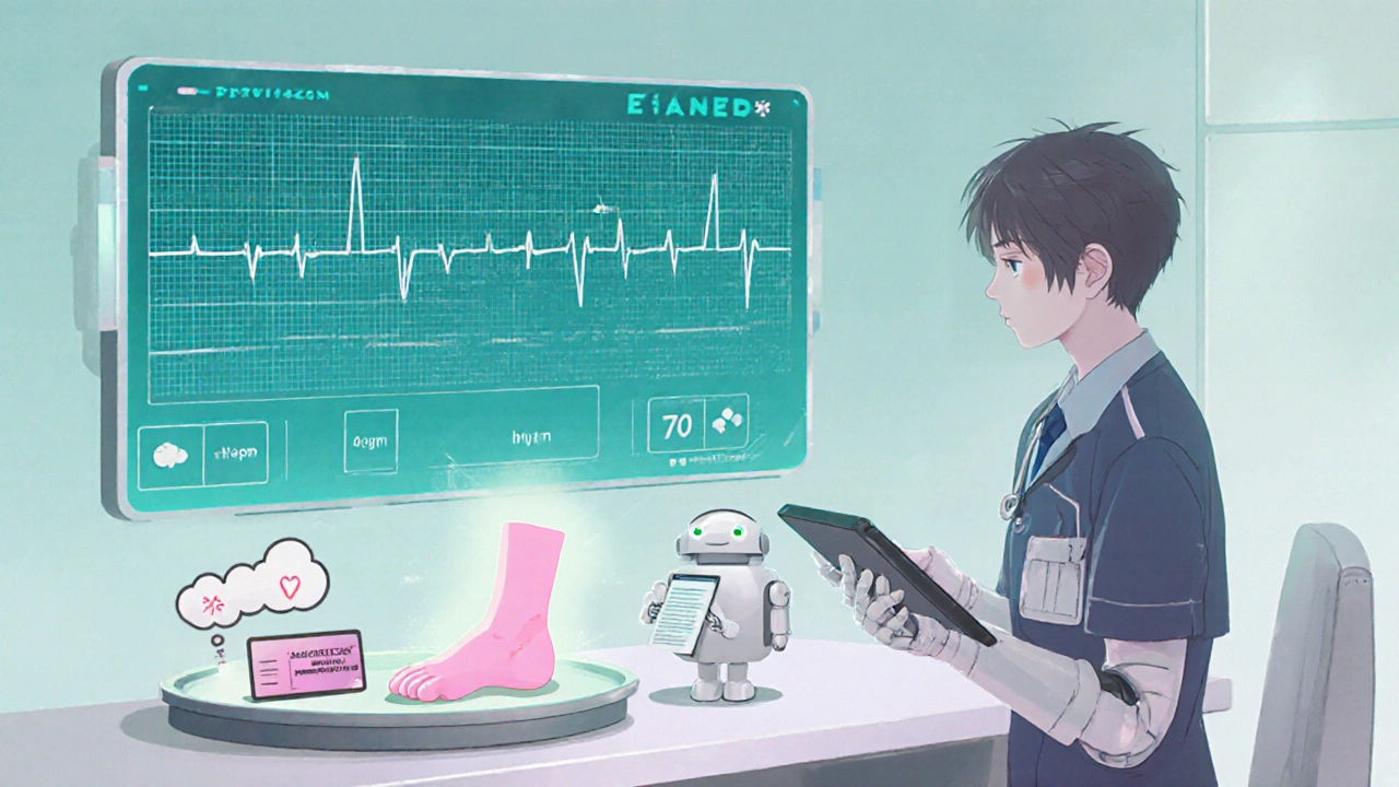 Doctor monitors steady ECG while a robot holds a Diltiazem tablet and side‑effect icons.
