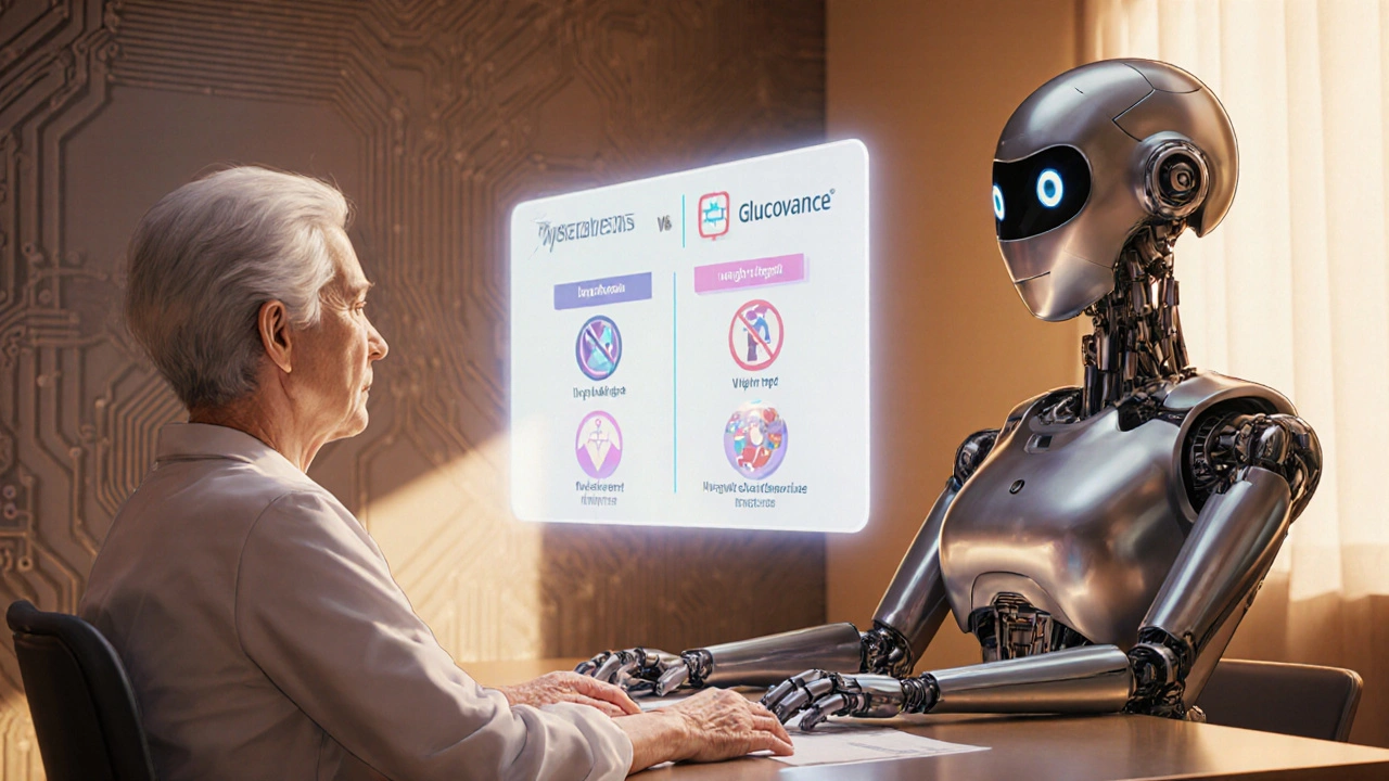 Elderly patient consults a humanoid robot nurse as a holo‑screen shows drug pros and cons.