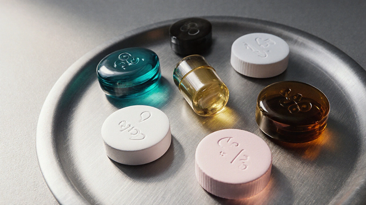 Five different antibiotic containers displayed on a tray, each showing distinct colors and shapes.