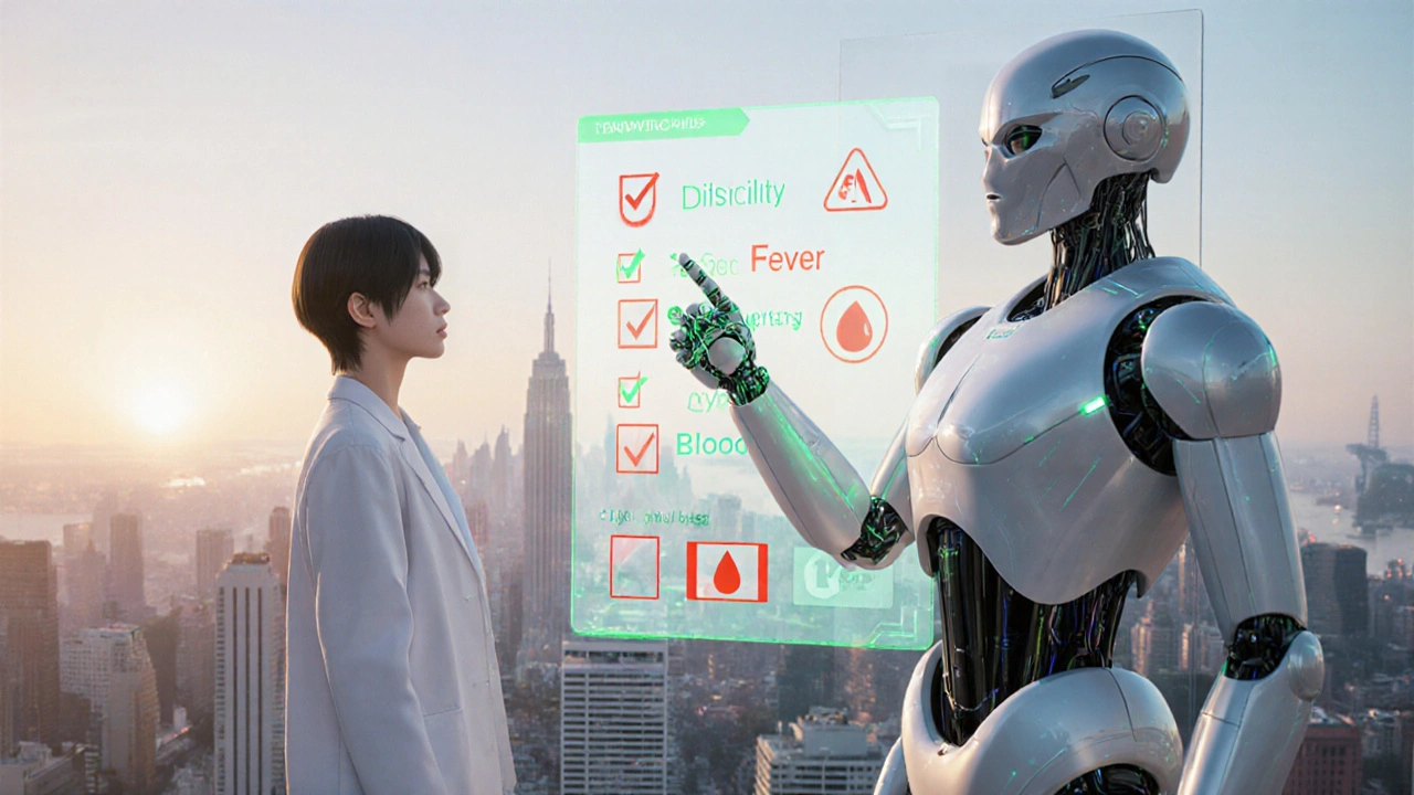 Futuristic health station showing symptom checklist, robot pointing at alerts.