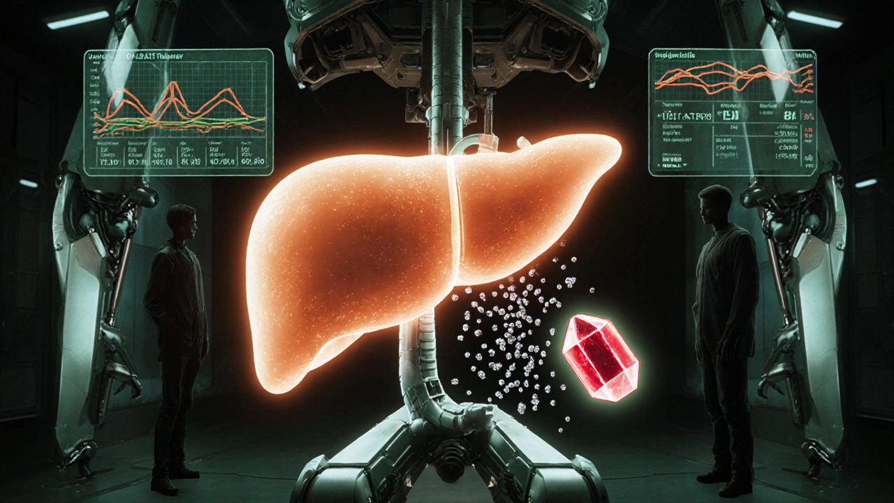 Futuristic metallic liver with a CYP2C19 robot processing omeprazole.