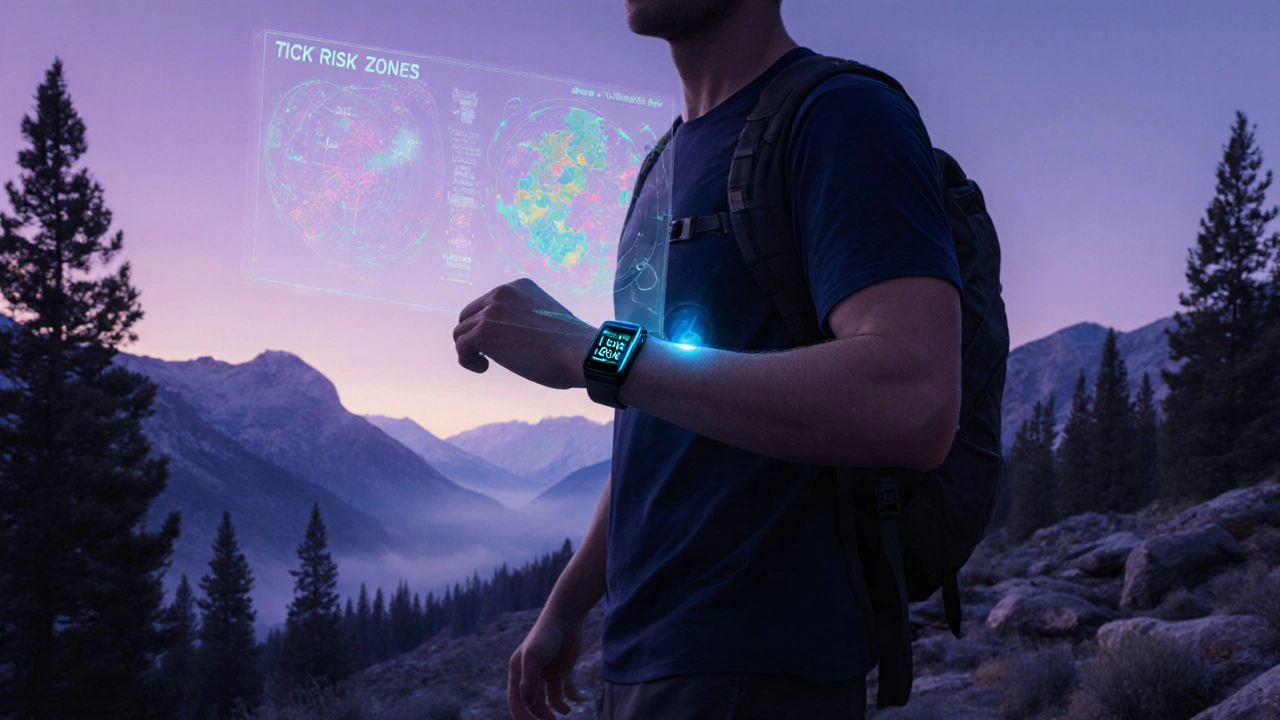 Hiker with a glowing wristband sensor in mountain terrain, showing a digital tick‑risk map.