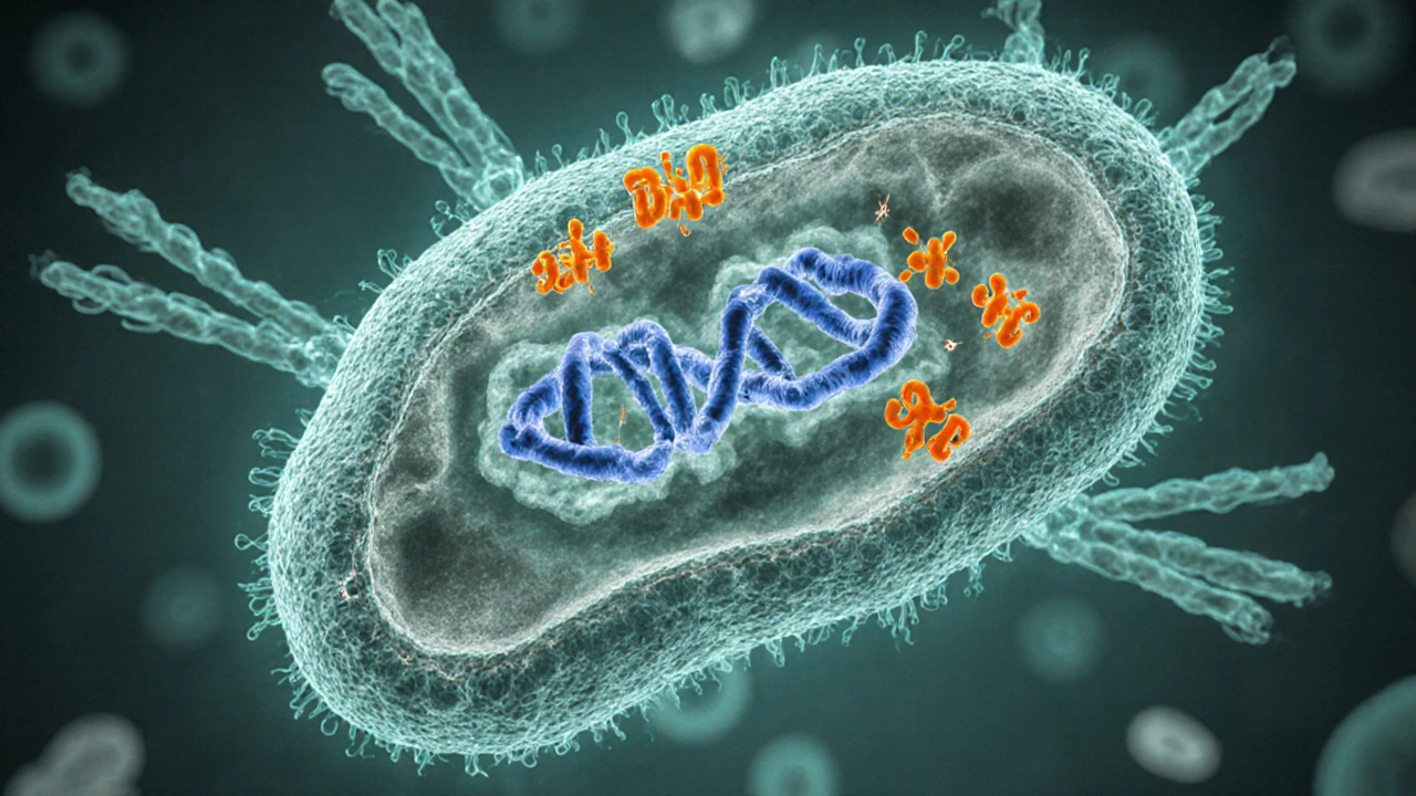 Illustrated bacterial cell showing ciprofloxacin blocking DNA gyrase.