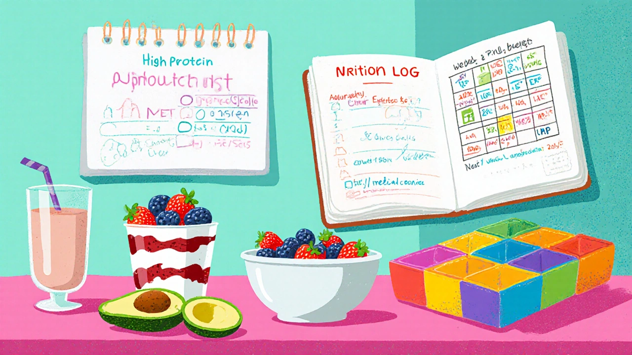 Kitchen counter with protein foods, pill organizer, and symptom log notebook.
