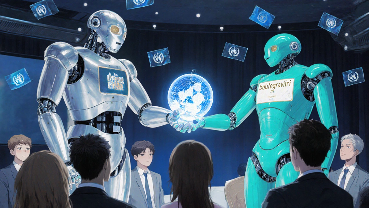 Legacy Indinavir robot passing a data sphere to a new drug robot at a WHO conference.