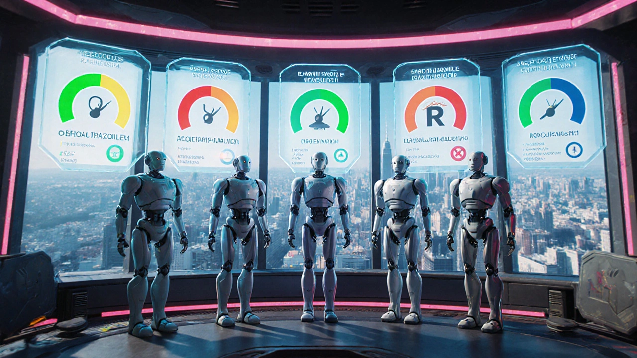 Lineup of five medical robots showing floating holographic drug stats.