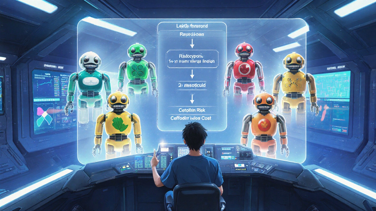 Medical pilot in a control room selects robot avatars for different antibiotics on a holographic chart.