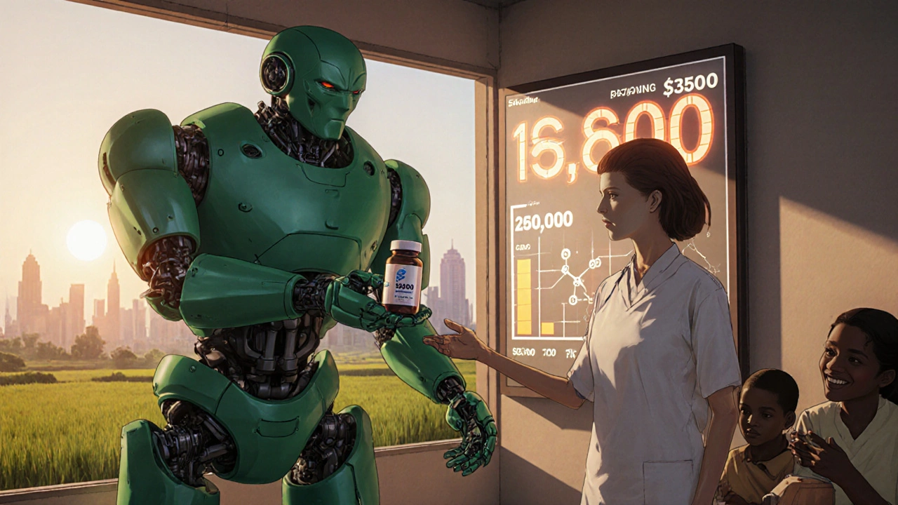 Medical robot giving Indinavir pills to a patient in an African clinic with usage data displayed.