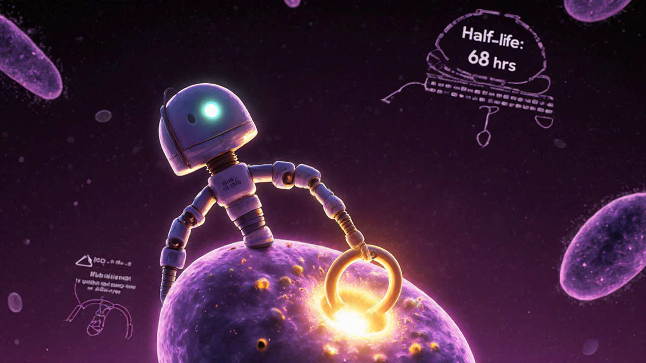 Nanobot mech representing azithromycin attaches to a bacterial ribosome inside a cell.
