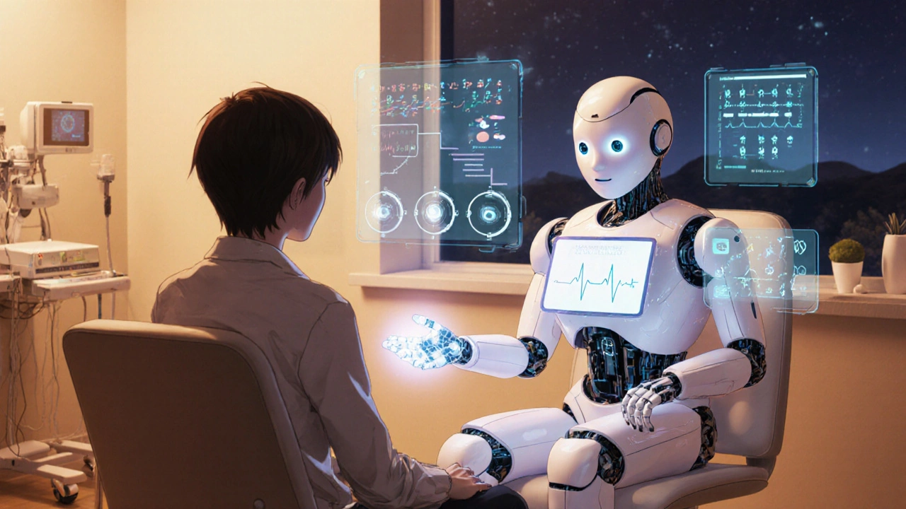 Patient and friendly therapeutic robot discussing medication options amid soft holographic charts.