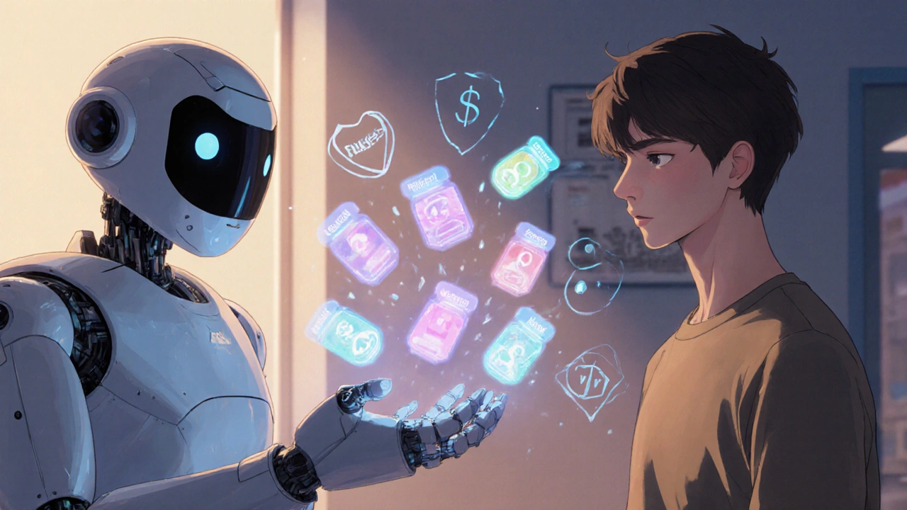Patient consulting an AI pharmacist robot with glowing medication holograms.