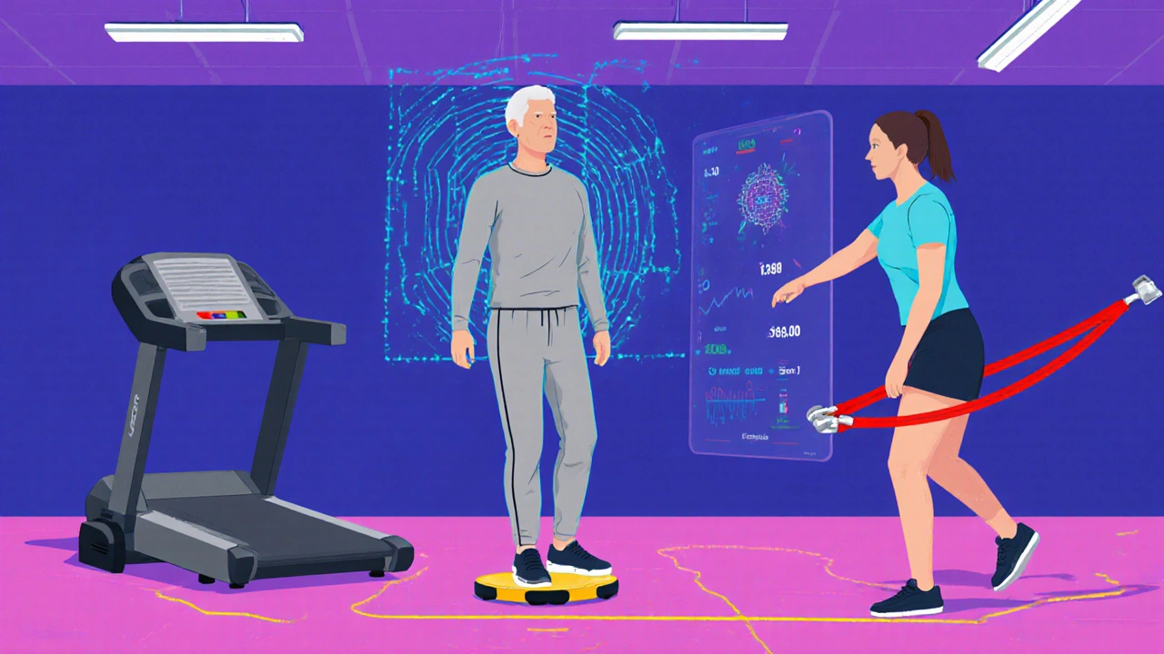 Patient on wobble board with visual feedback, treadmill, and therapist using resistance bands in a rehab gym.