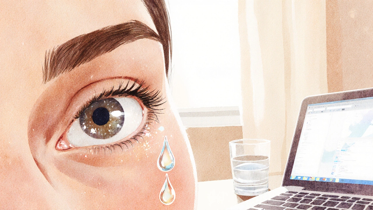 Person applying eye drops with a watercolor style showing a drop on the eye.