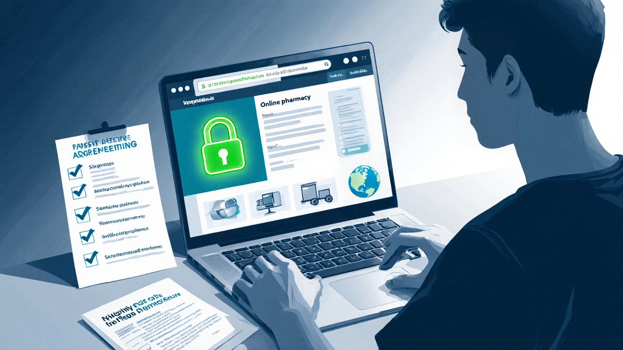 Person checking laptop with security icons and checklist for a legit pharmacy.
