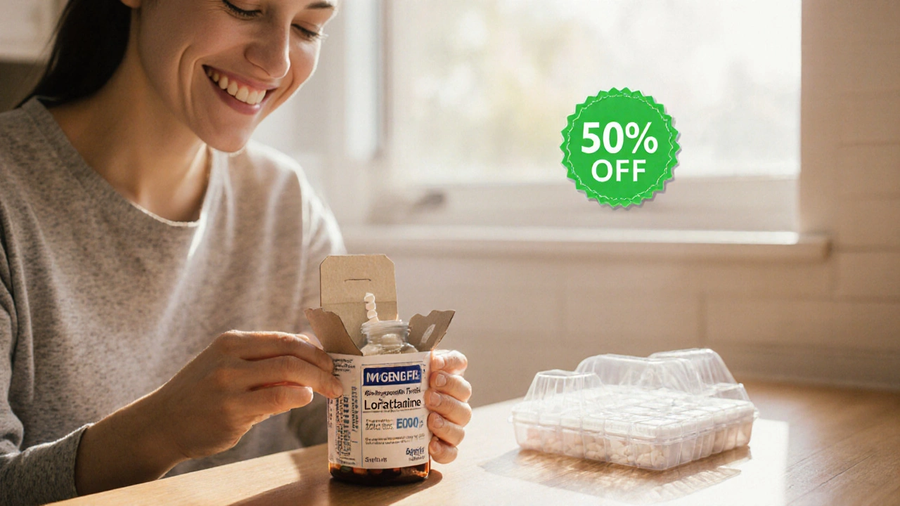 Person opening a package of generic Claritin and storing pills on a sunny counter.
