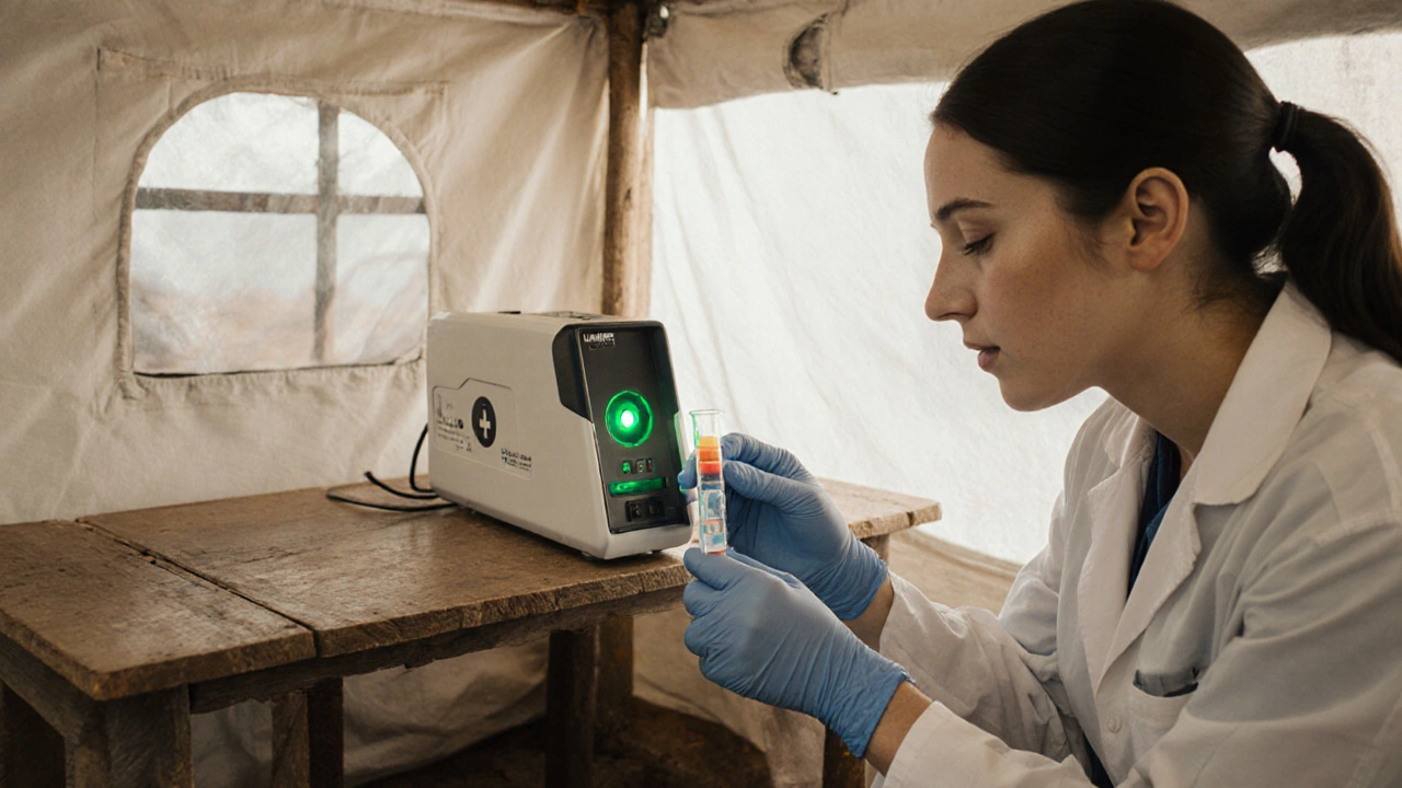 Researcher using a portable LAMP testing device on a sample in a remote clinic.