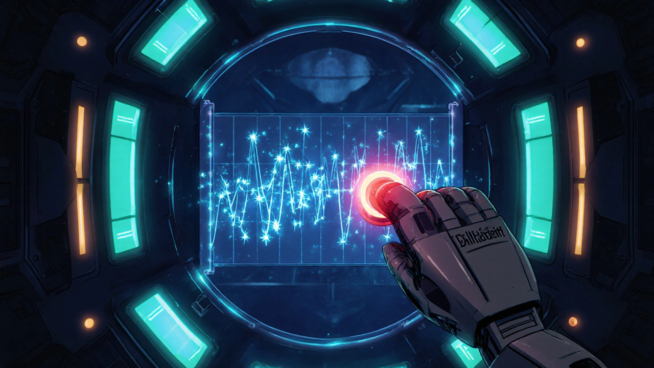 Robot arm labeled Diltiazem closes an AV node gate, slowing glowing calcium particles and ECG waveform.