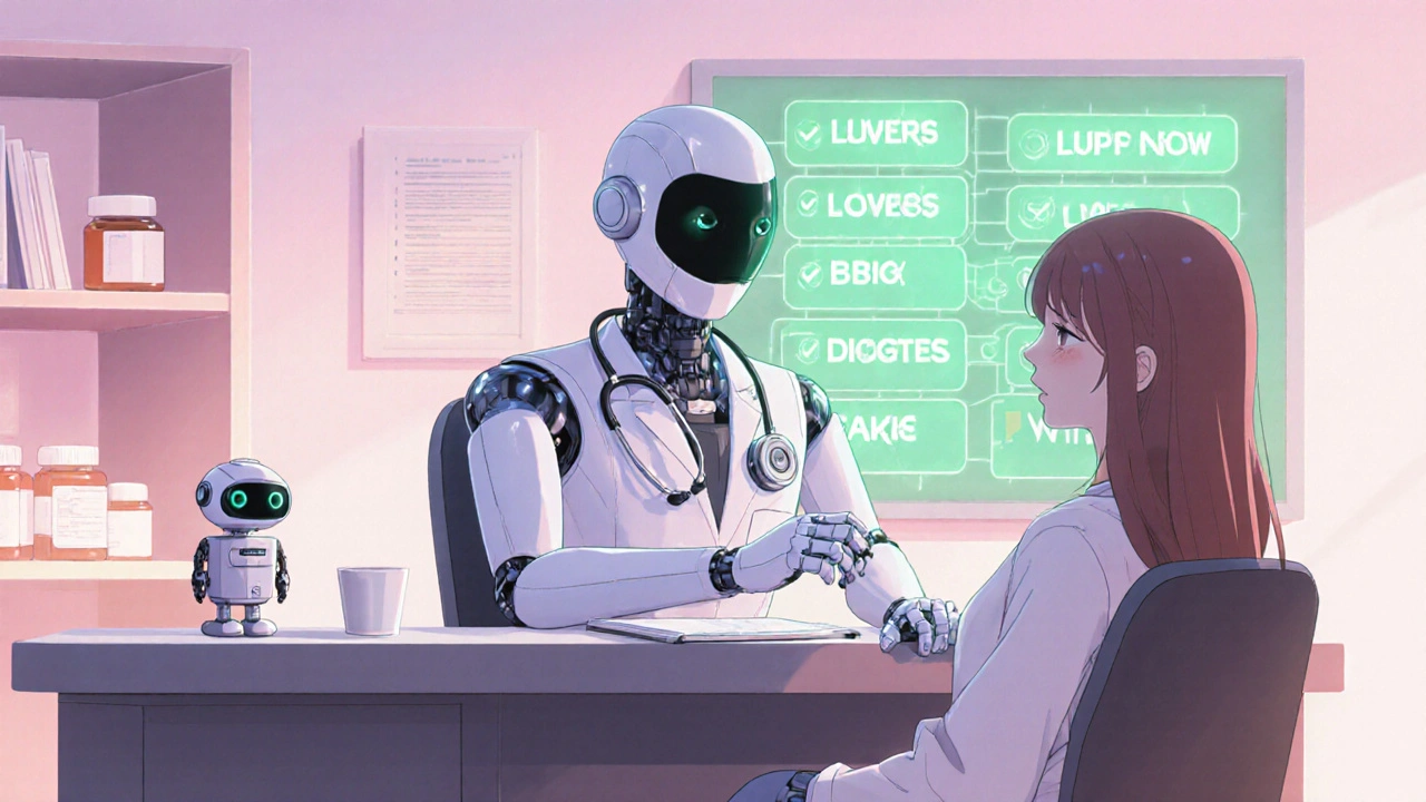 Robot doctor reviews liver health with patient in a serene clinic.
