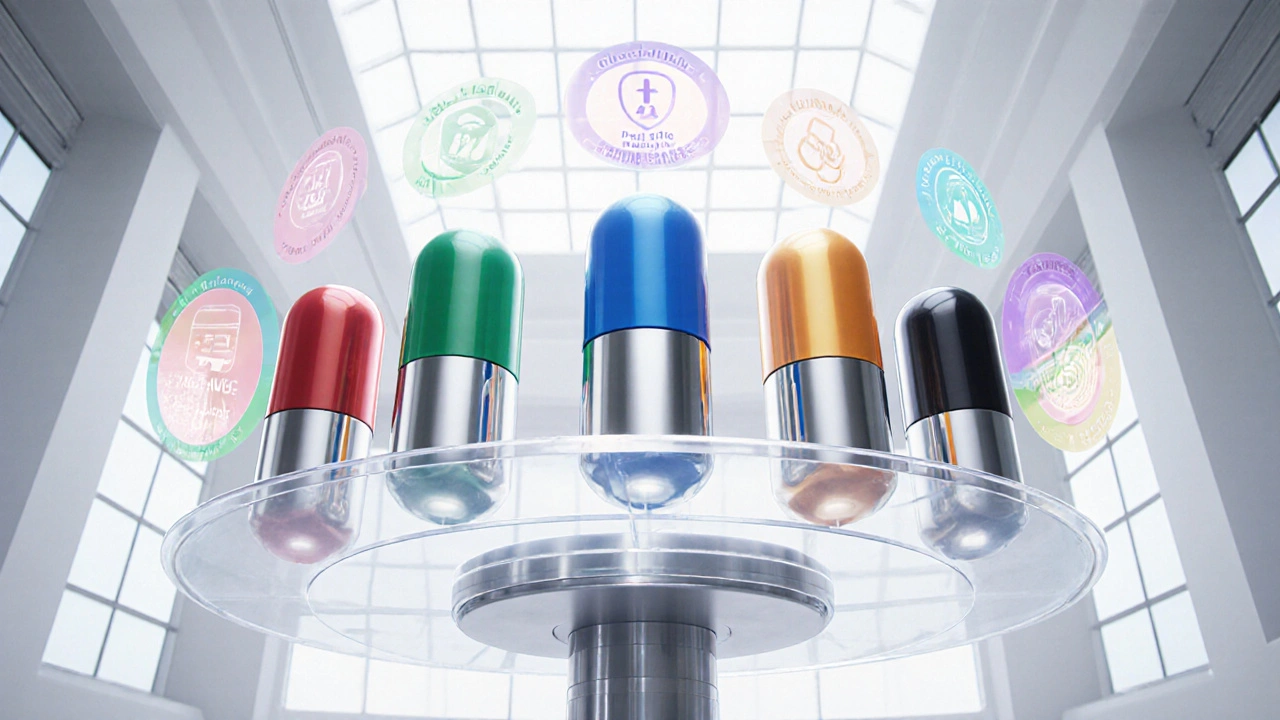 Rotating platform displays five miniature robot‑styled pills representing different diabetes drugs with holographic icons.