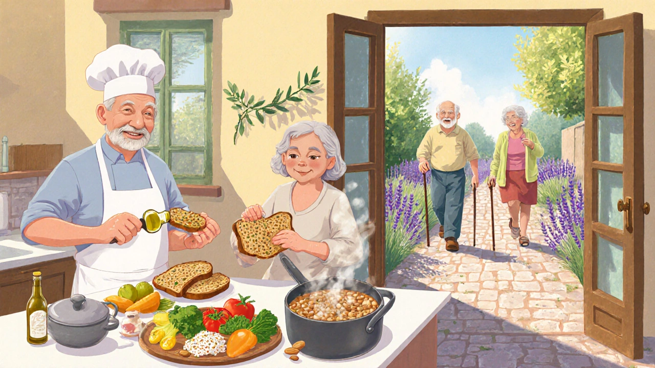 Seniors preparing Mediterranean meal and walking in garden, showing diet and exercise.