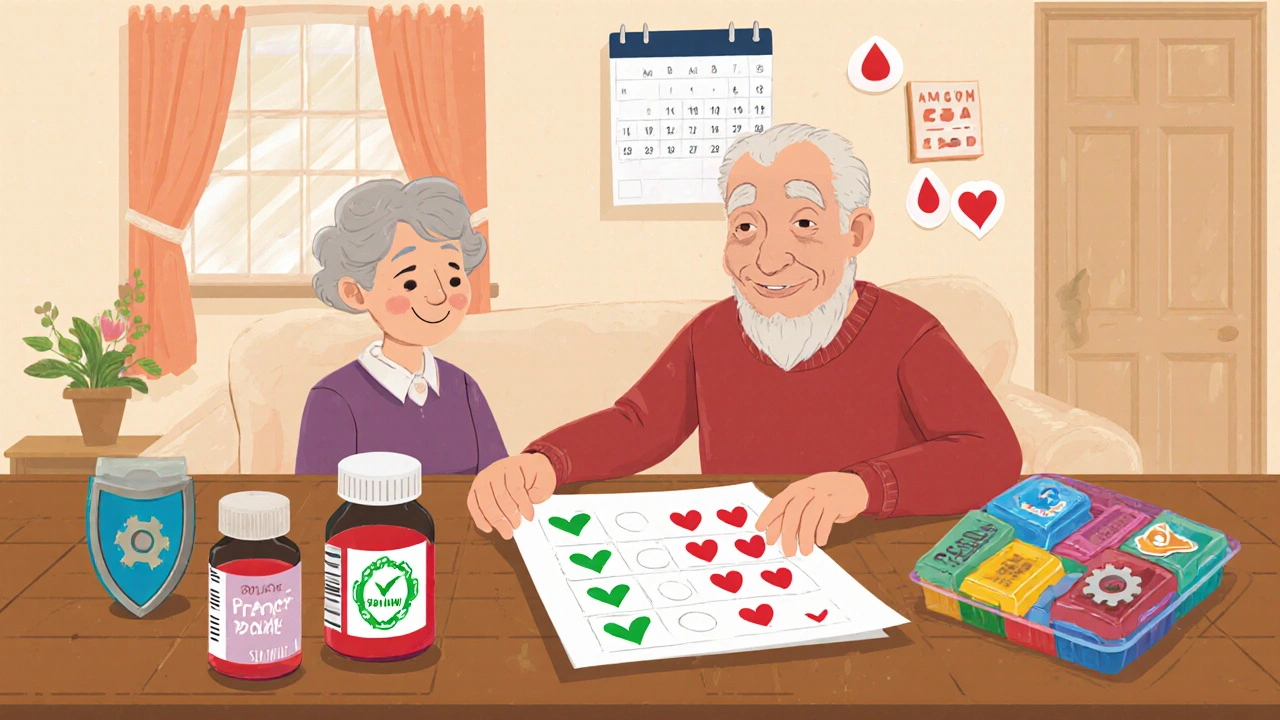 Seniors reviewing blood test results, pill organizer, calendar for monitoring cholesterol.