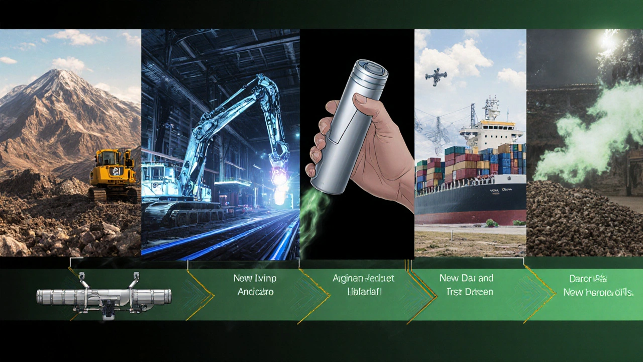 Sequential panels showing inhaler lifecycle from mining to landfill.