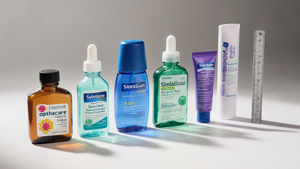 Six eye‑care product bottles arranged side by side on a white surface.