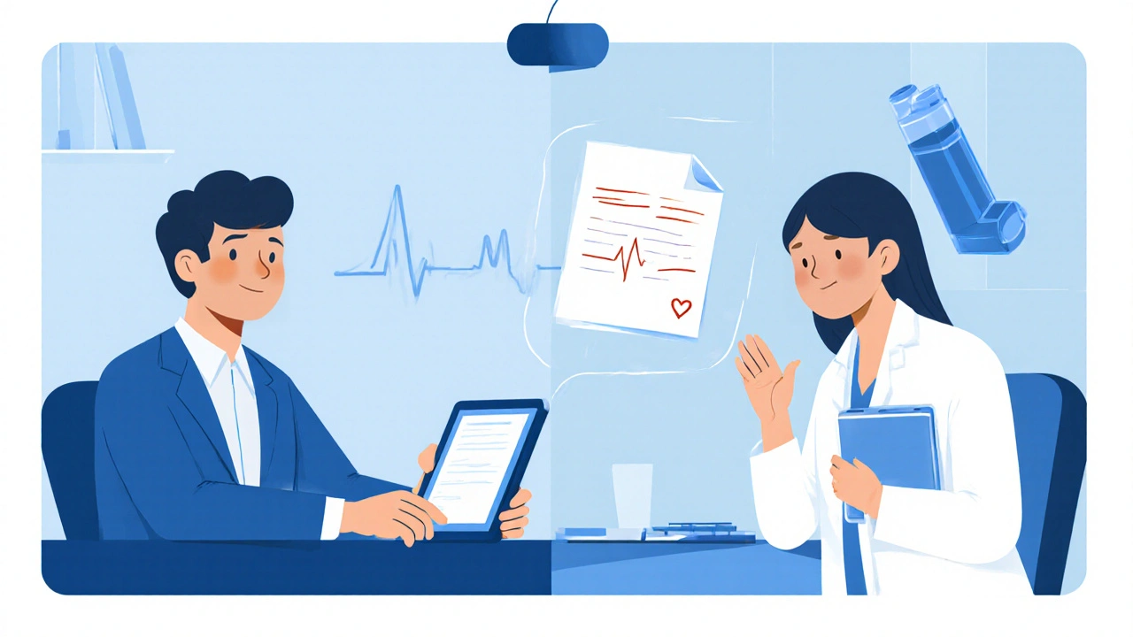 Telehealth video call with doctor showing a digital prescription for an inhaler.