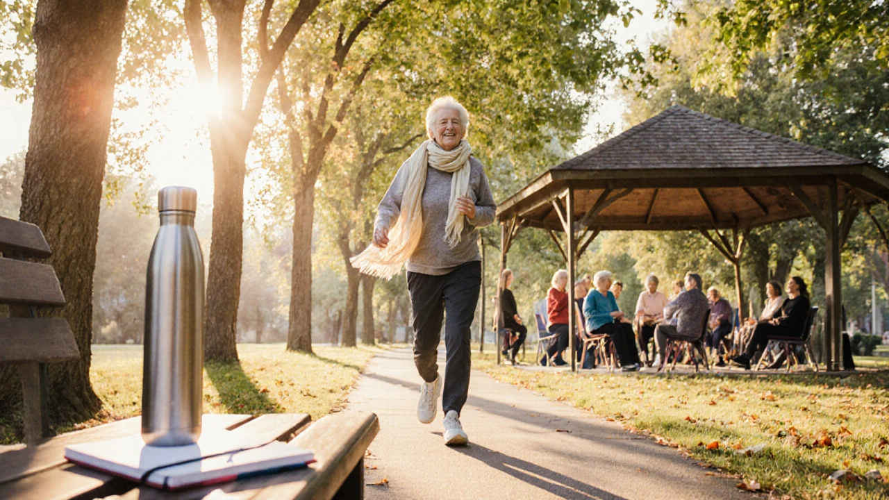 TIA survivor walking in a park, beside a bench with exercise notebook, while a community yoga class gathers.