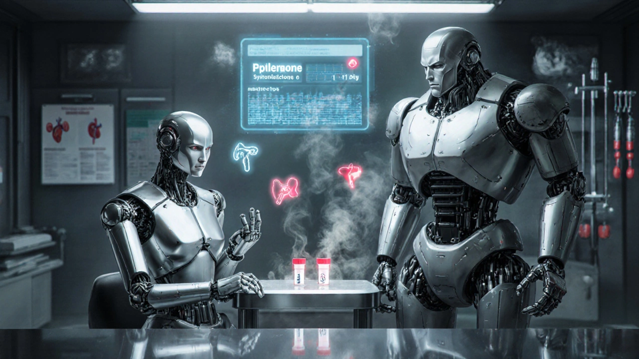 Two robots analyzing blood samples in a lab, one calm and silver, the other damaged and warning-red, with floating medical icons.