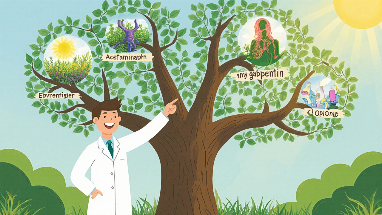 Whimsical garden decision tree with branches showing different pain meds.