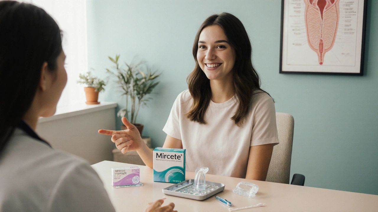 Woman discussing birth‑control options with a doctor, with pill pack, IUD, and implant on the table.