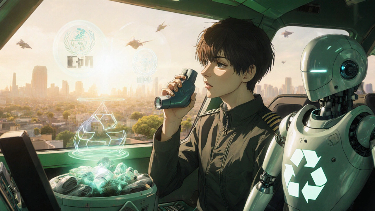 Young pilot holds propellant‑free inhaler while recycling robot processes empty cans in clean city.
