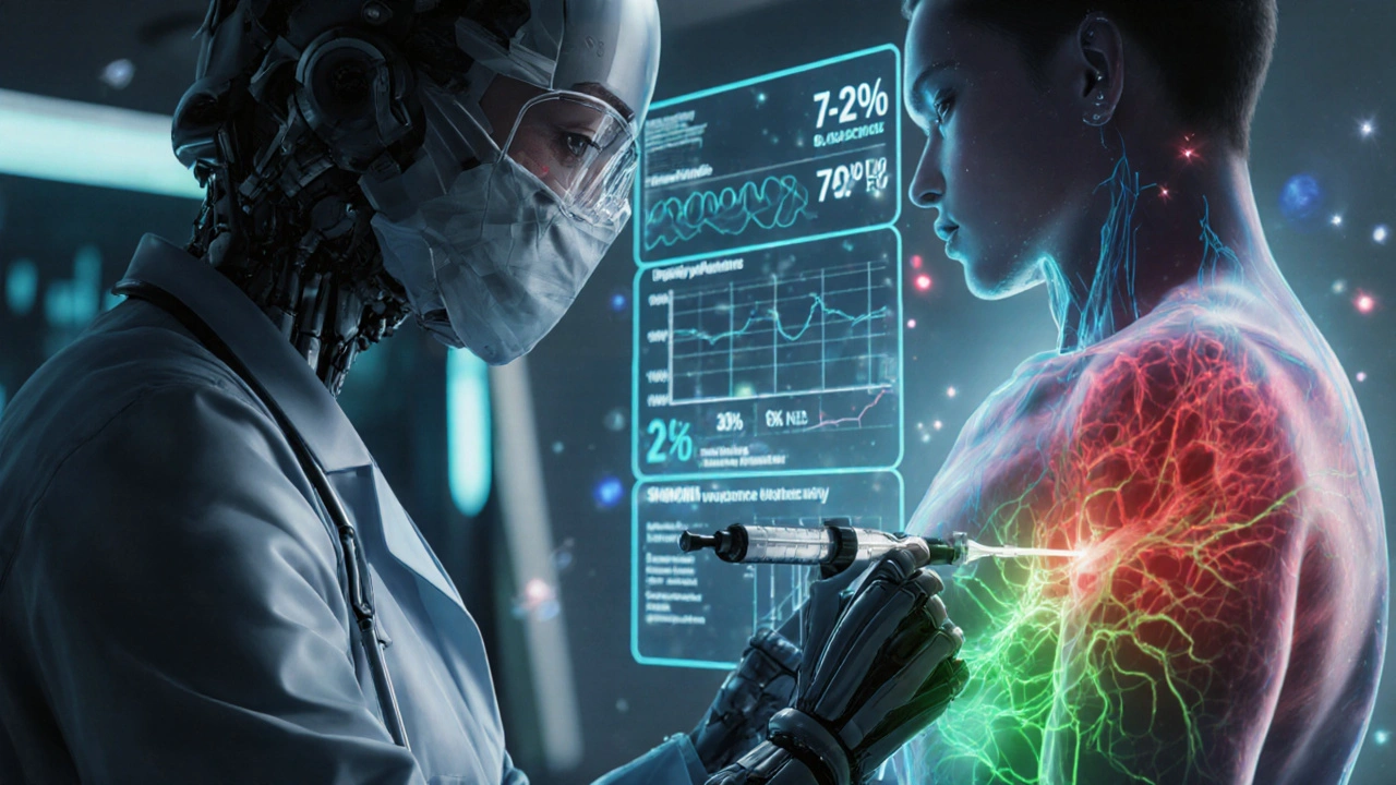 A doctor administering a nanobot injection while holograms show viral reduction and nerve pain relief.