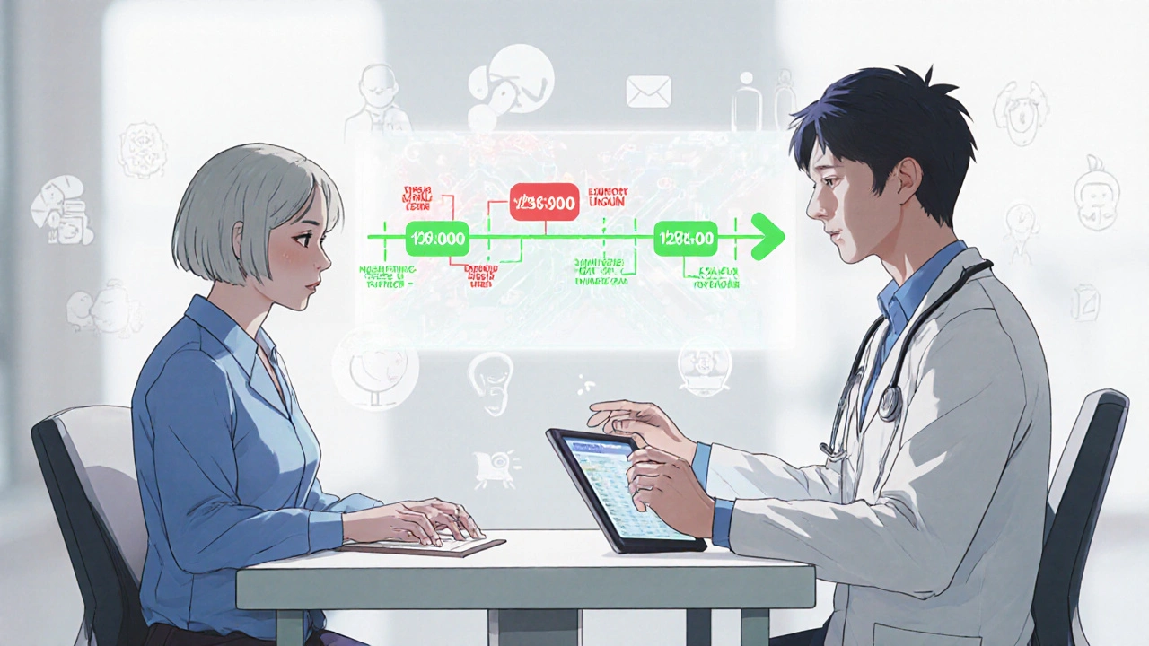 A doctor and patient view a holographic treatment schedule with adjusted doses glowing in green.