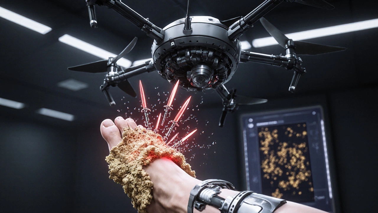 A medical drone deploys nanobots to destroy thick fungal layers on a foot, with holographic decay data displayed.