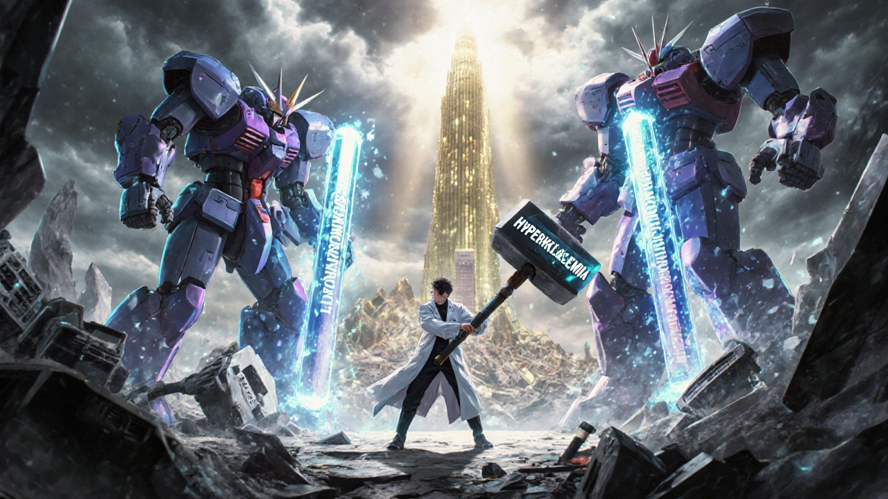 A medical warrior defeating dangerous kidney threats with protein control, while protective pillars stand strong.