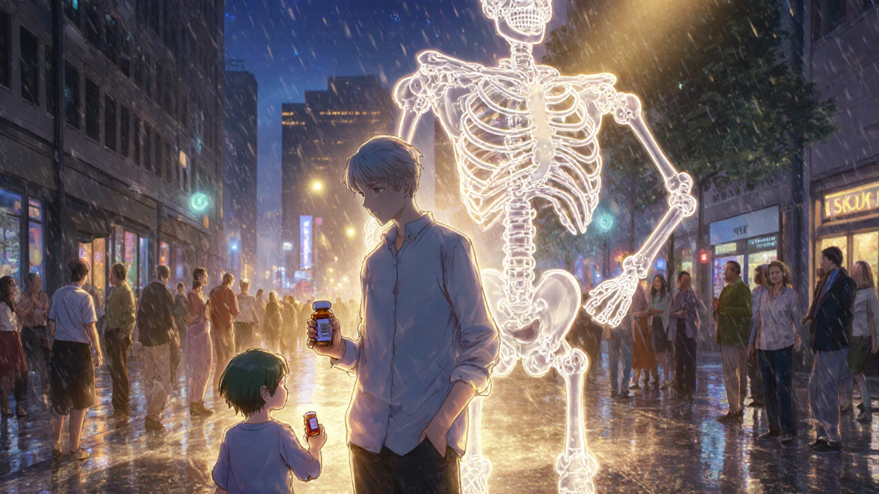 A person chooses family over medication, with a customizable robotic regimen fading behind them.