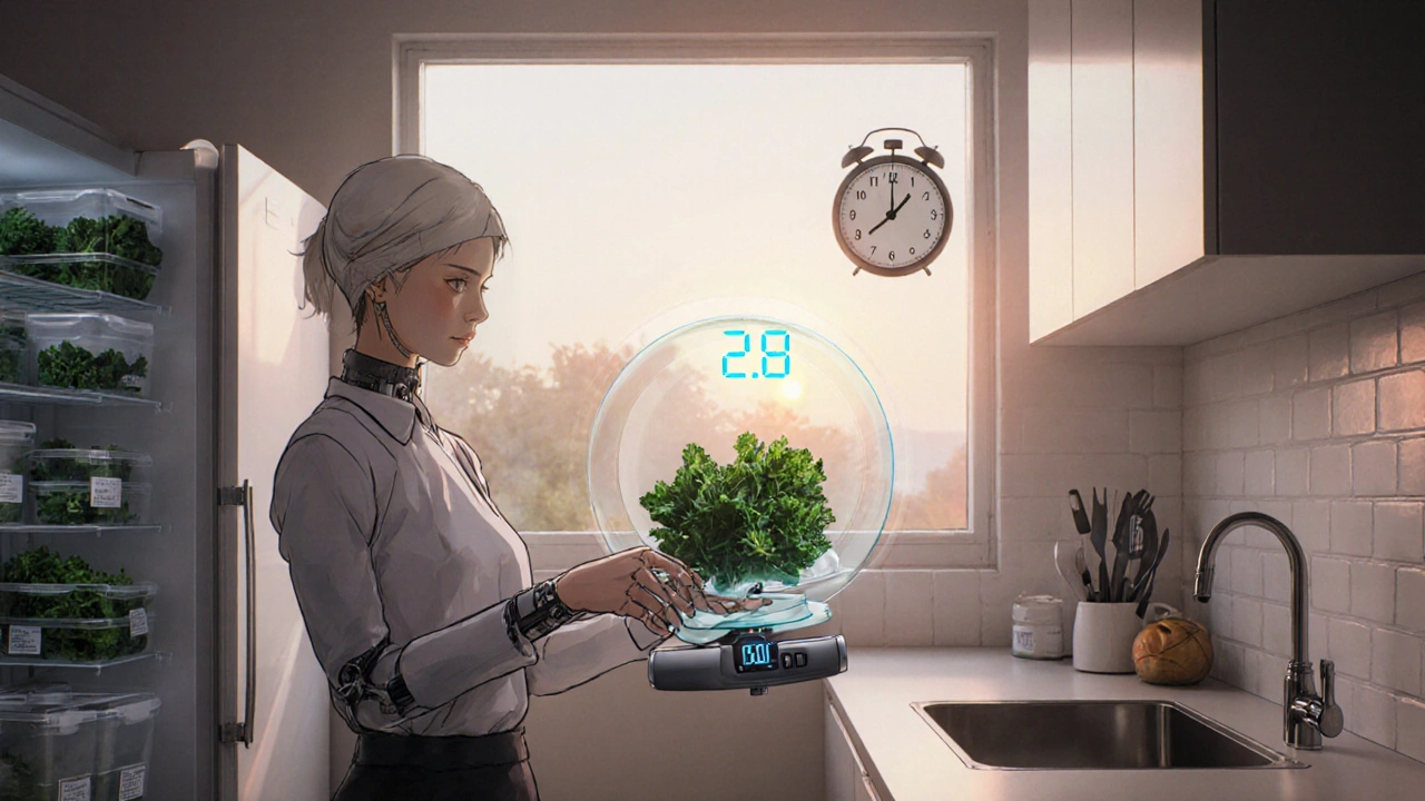 A person measuring kale with a digital scale, holographic INR reading floating above, kitchen bathed in morning light.
